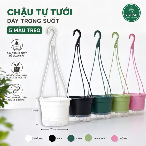  Chậu treo tự tưới Trơn, size 19x15cm, VIETPOT, cho cây kiểng, hiện đại, decor ban công, sân vườn. 