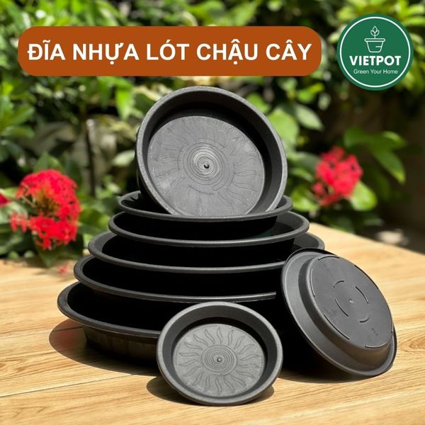  Đĩa nhựa mỏng nhẹ lót chậu cây VIETPOT, màu đen, cây cảnh, trang trí nhà vườn, ban công 