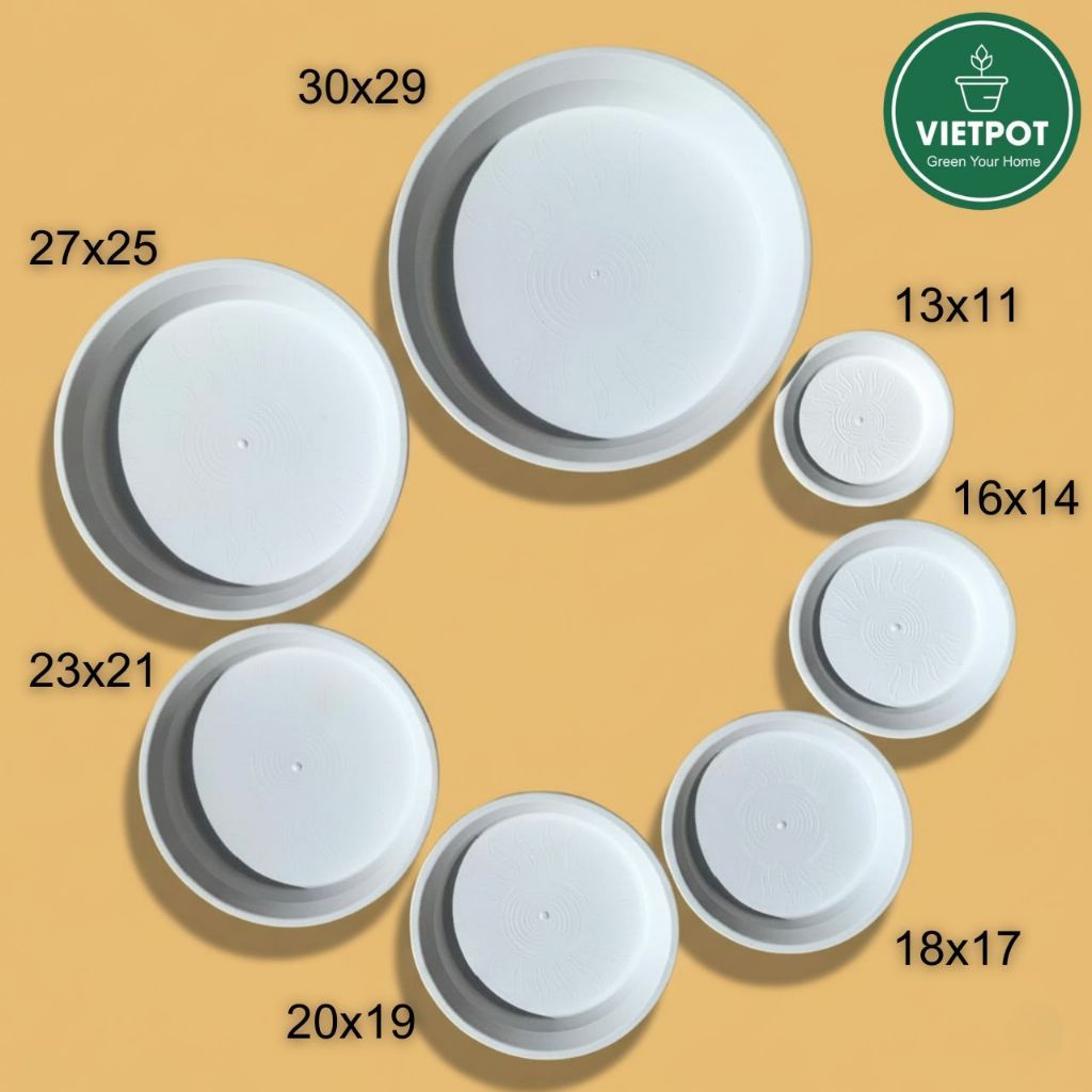  Đĩa nhựa mỏng nhẹ lót chậu cây VIETPOT, màu trắng, cây cảnh, trang trí nhà vườn, ban công 