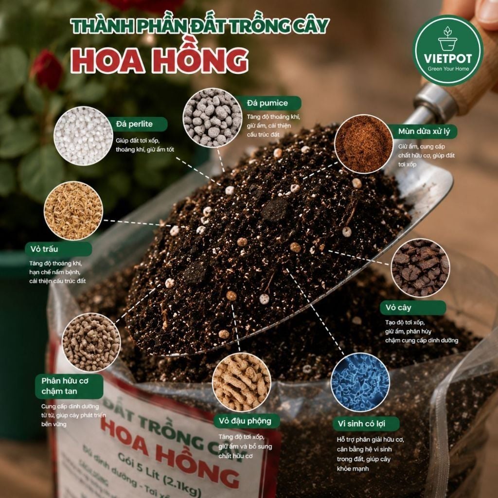  Đất trồng hoa hồng VIETPOT, NAMIX, bao 5 lít, tơi xốp, giữ ẩm tốt, hỗ trợ cây khoẻ ra hoa đẹp. 