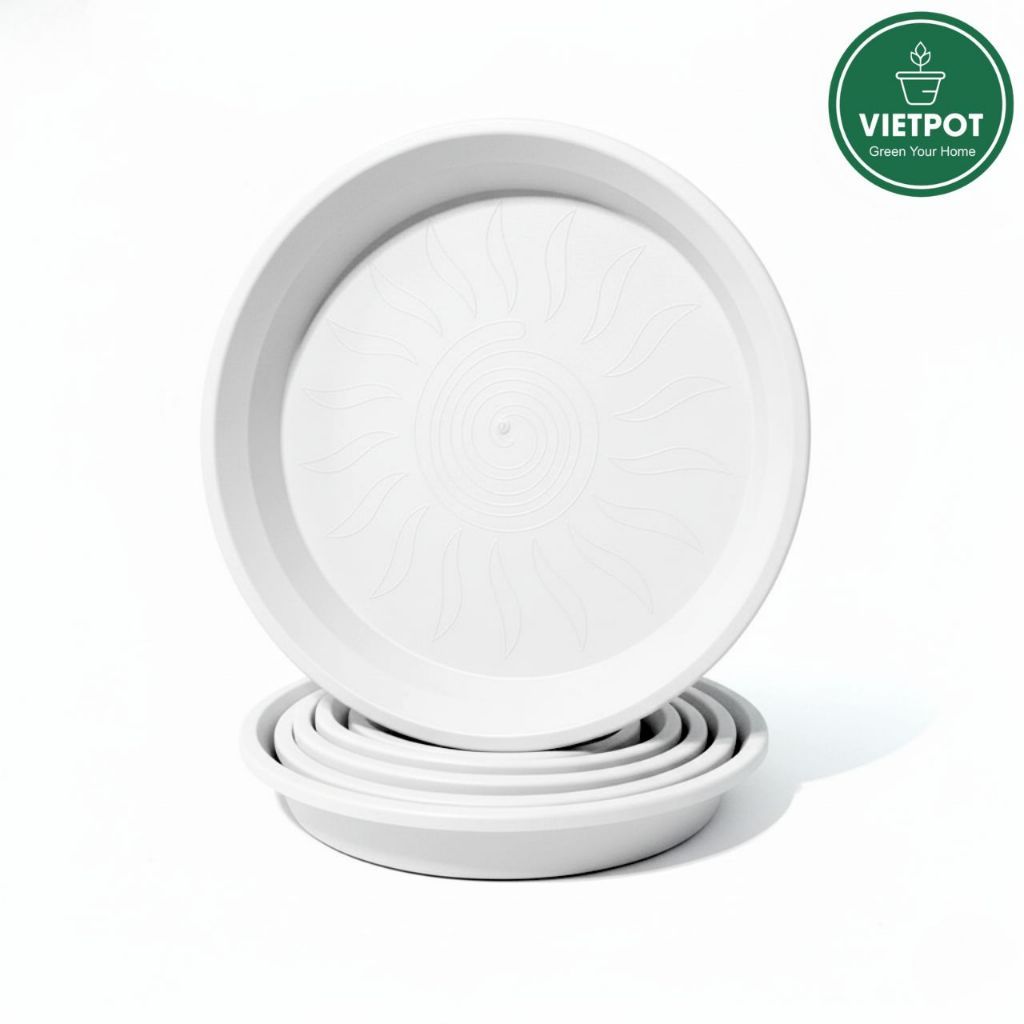  Đĩa nhựa mỏng nhẹ lót chậu cây VIETPOT, màu trắng, cây cảnh, trang trí nhà vườn, ban công 