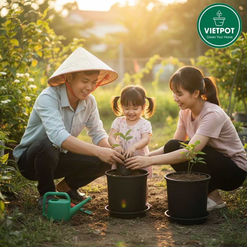  Chậu nhựa trồng cây VIETPOT, màu đen trơn, trồng hoa kiểng, trang trí ban công, sân vườn, sân thượng 