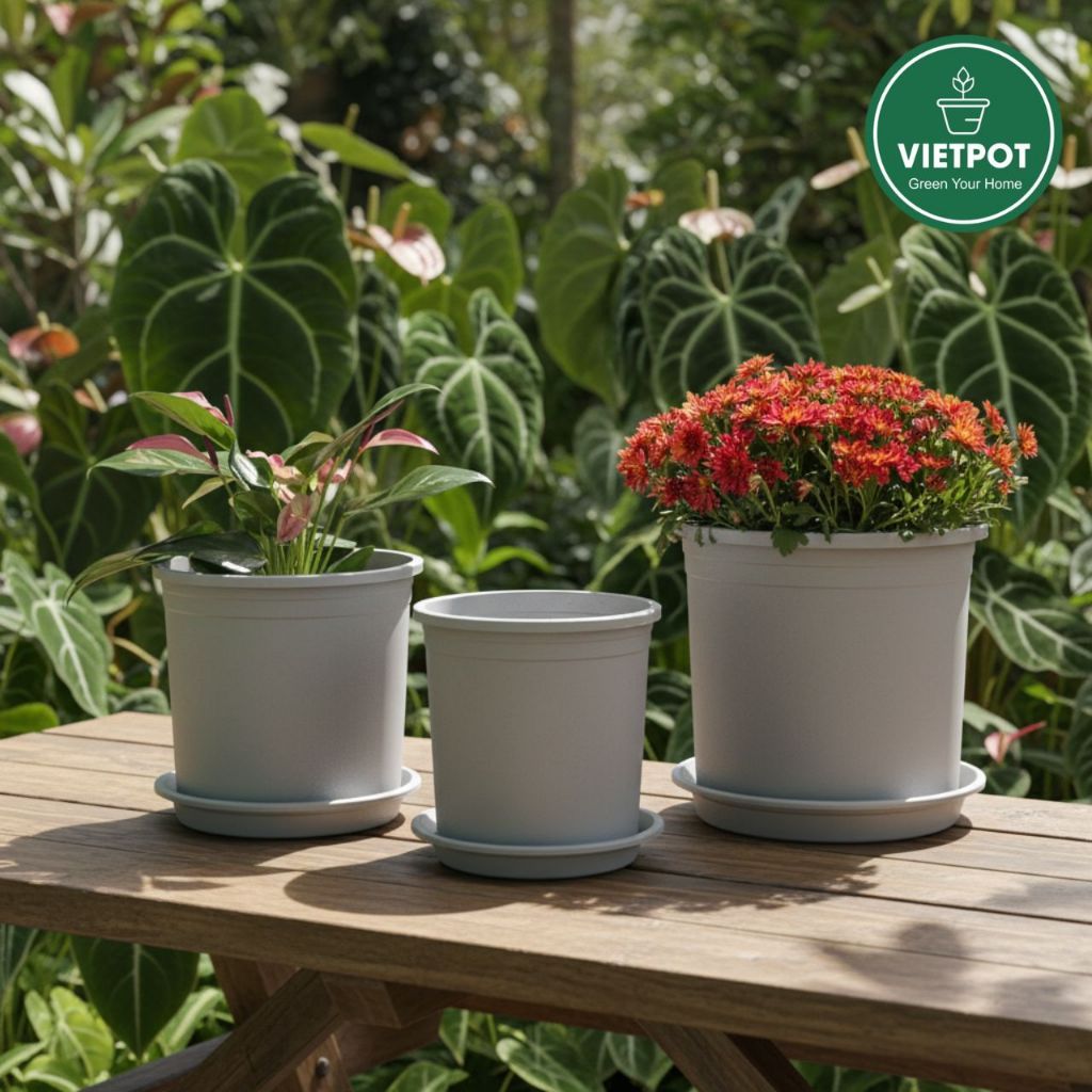  Chậu nhựa trồng cây VIETPOT, màu xám trơn, trồng hoa kiểng, trang trí ban công, sân vườn, sân thượng 