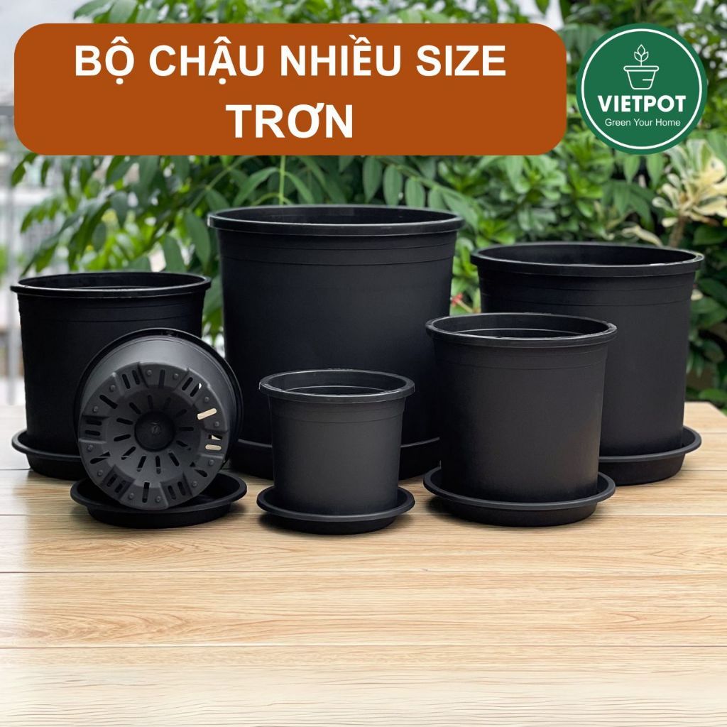  Chậu nhựa trồng cây VIETPOT, màu đen trơn, trồng hoa kiểng, trang trí ban công, sân vườn, sân thượng 