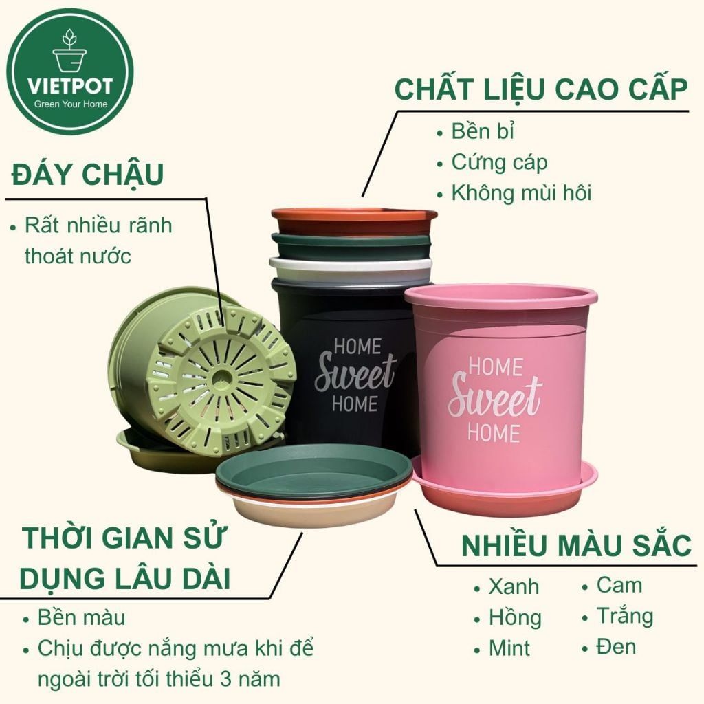  Chậu nhựa trồng cây VIETPOT, size lớn 34x36cm, 6.6gal, Sweet home, trồng hoa kiểng để sân vườn nhà. 