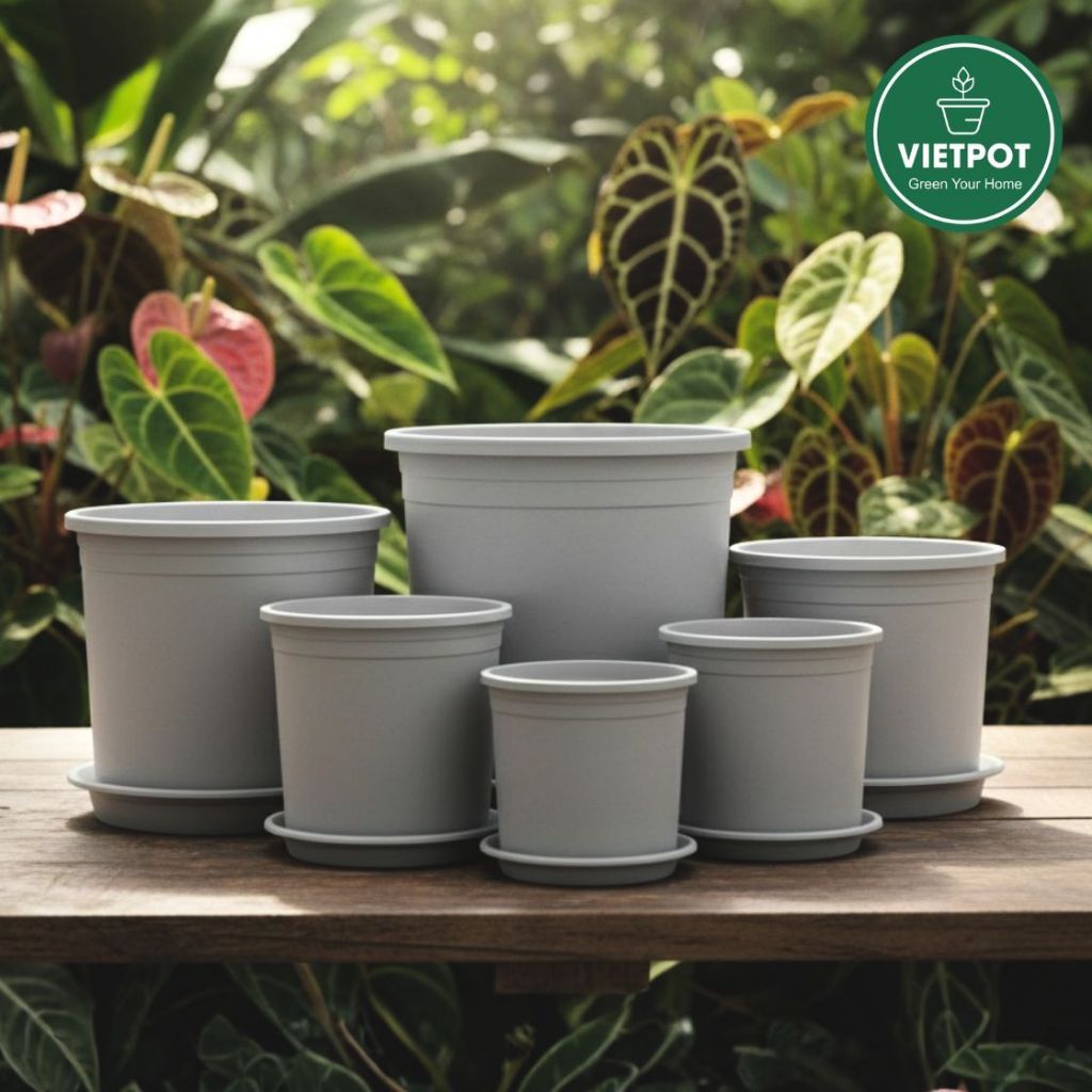  Chậu nhựa trồng cây VIETPOT, màu xám trơn, trồng hoa kiểng, trang trí ban công, sân vườn, sân thượng 
