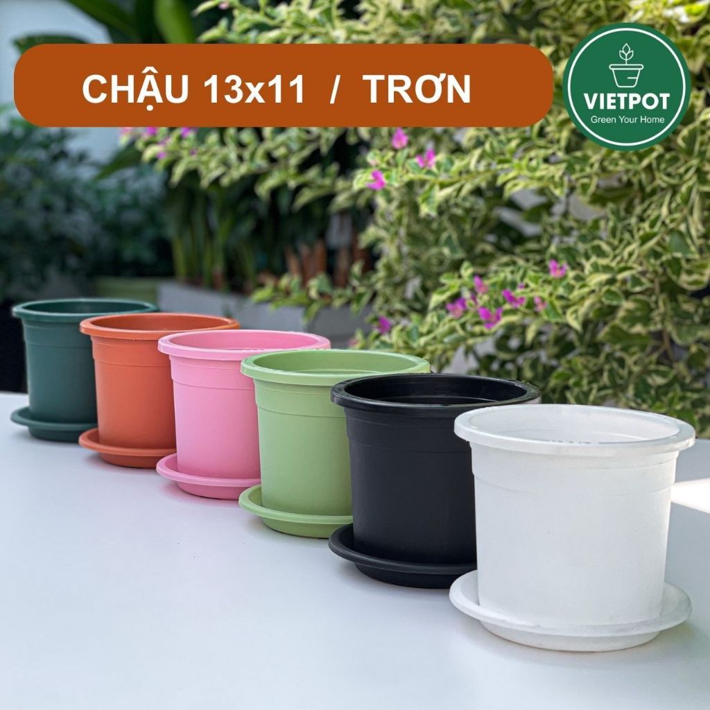  Chậu nhựa trồng cây VIETPOT, size 13x11, trơn, chính hãng, kiếng lá hoa, sen đá, bàn làm việc 