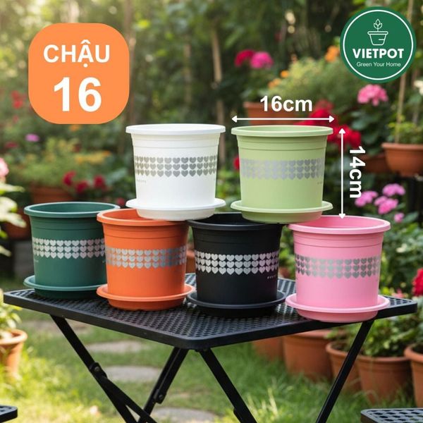 Chậu nhựa trồng cây VIETPOT, size 16x14, hoa văn tim, trồng kiểng lá, hoa hồng, để bàn, vườn. 