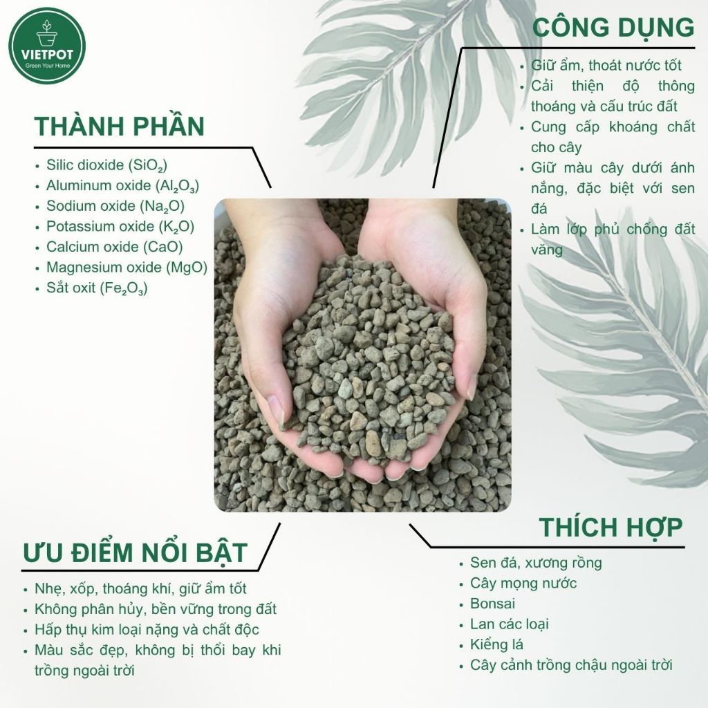  Đá Pumice VIETPOT, bao 800gr, size nhỏ, giá thể trồng cây cung cấp khoáng chất cho hoa, xương rồng 