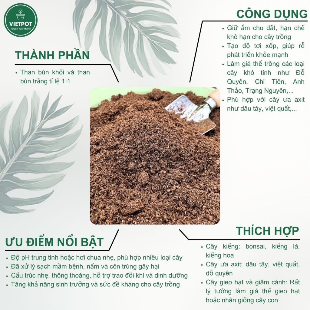  Rêu than bùn peatmoss VIETPOT, bao 500gr, tơi xốp, sạch mầm bệnh, thích hợp trồng hoa kiểng lá 