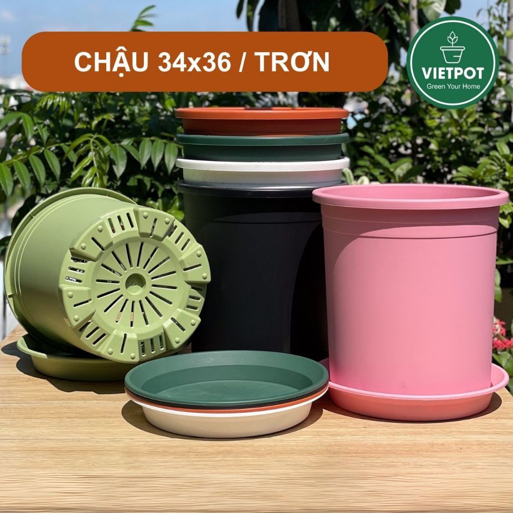  Chậu Nhựa Trồng Cây VIETPOT, size lớn 34x36cm, 6,6gallon, trơn, trang trí bàn, sân vườn, ban công. 