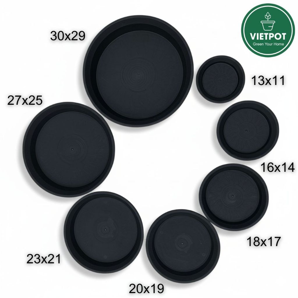  Đĩa nhựa mỏng nhẹ lót chậu cây VIETPOT, màu đen, cây cảnh, trang trí nhà vườn, ban công 
