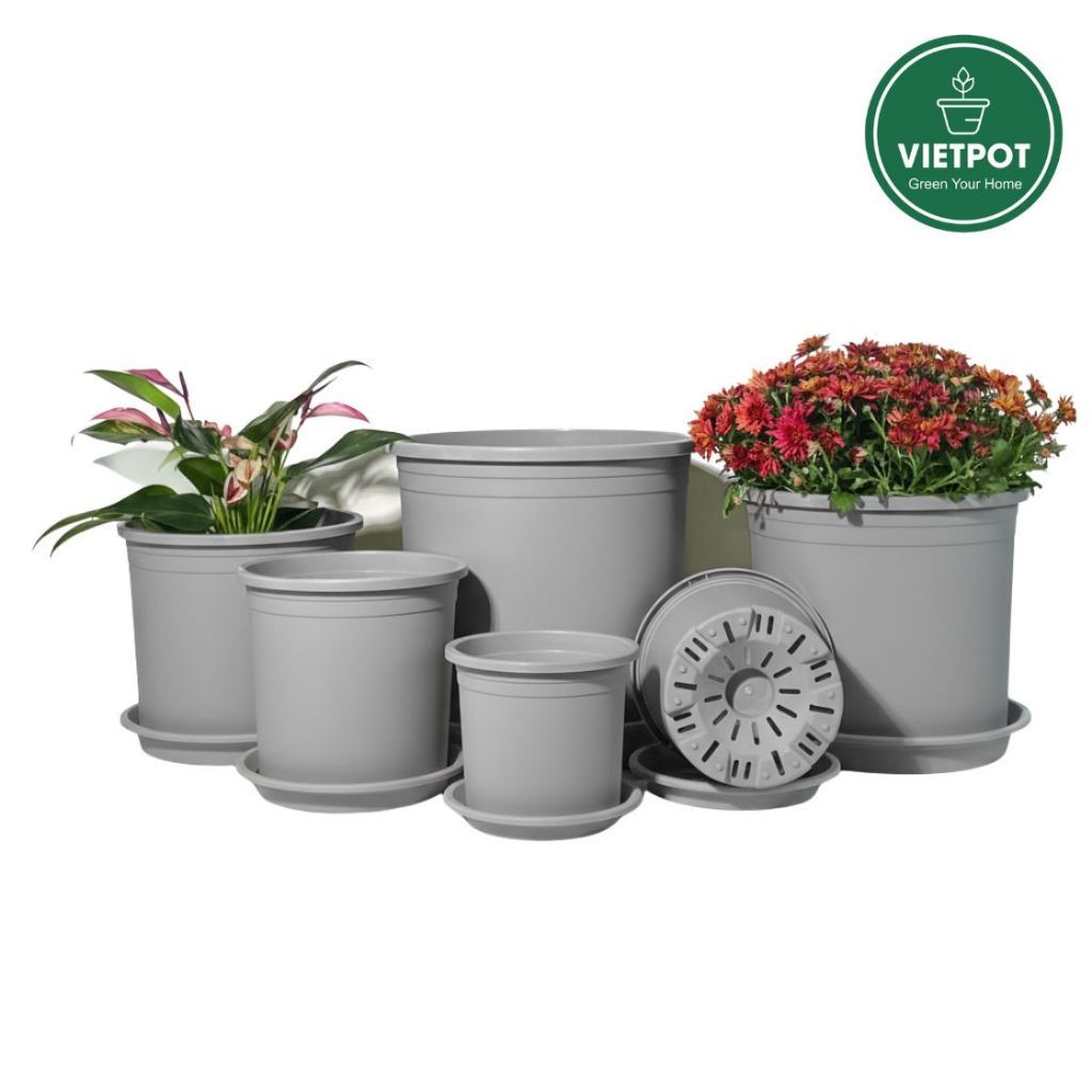  Chậu nhựa trồng cây VIETPOT, màu xám trơn, trồng hoa kiểng, trang trí ban công, sân vườn, sân thượng 