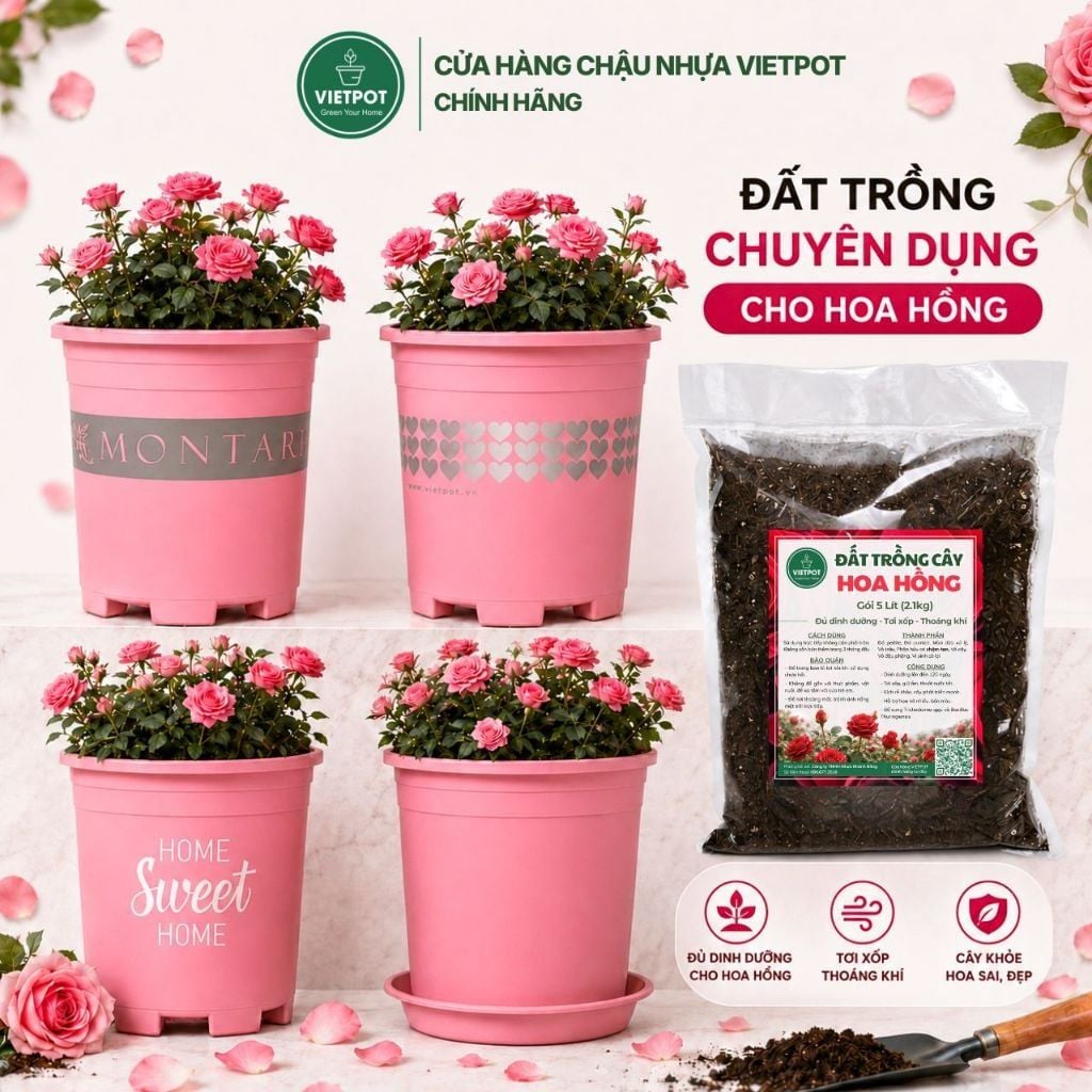  Đất trồng hoa hồng VIETPOT, NAMIX, bao 5 lít, tơi xốp, giữ ẩm tốt, hỗ trợ cây khoẻ ra hoa đẹp. 