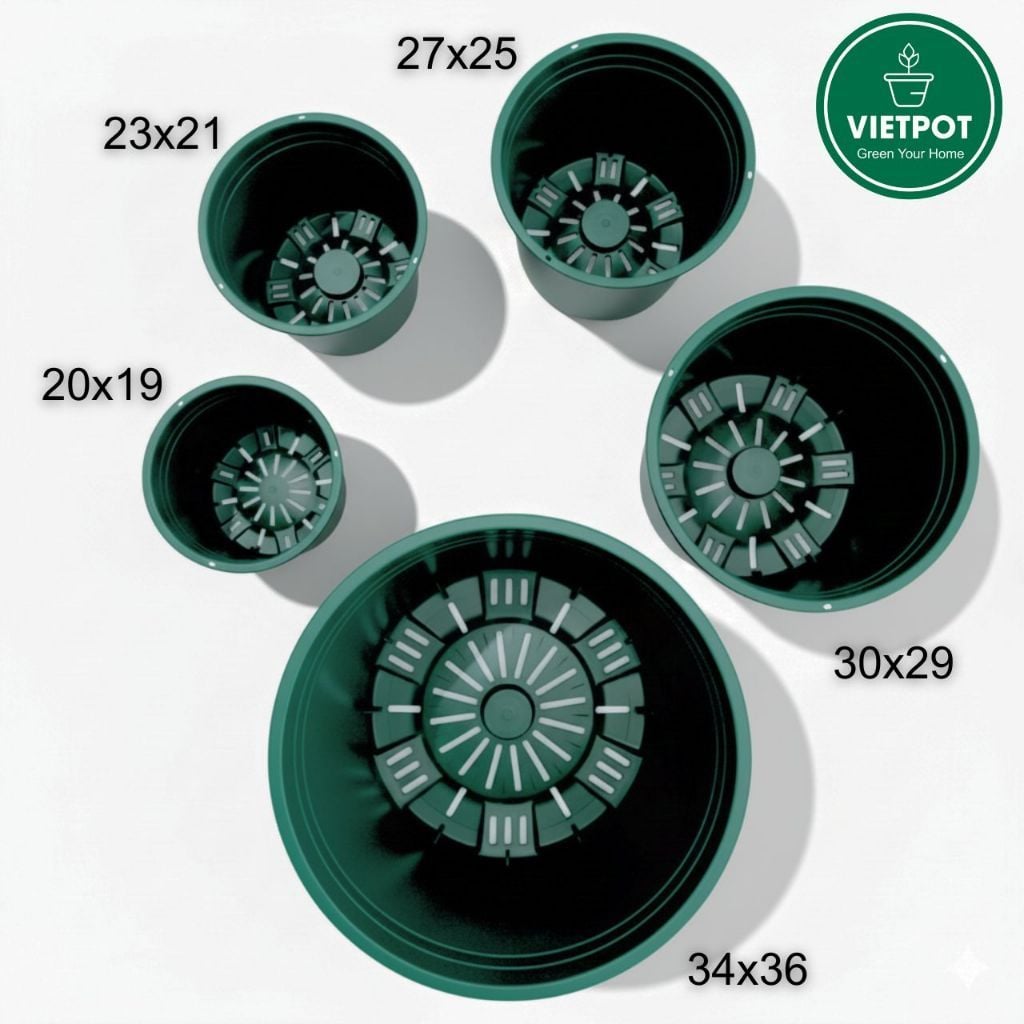  Chậu nhựa trồng cây VIETPOT, màu xanh trơn, trồng hoa kiểng, hoa hồng, để bàn, ban công, sân vườn 