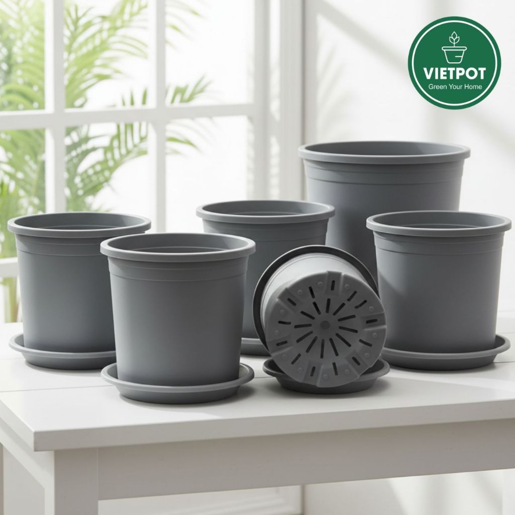  Chậu nhựa trồng cây VIETPOT, màu xám trơn, trồng hoa kiểng, trang trí ban công, sân vườn, sân thượng 