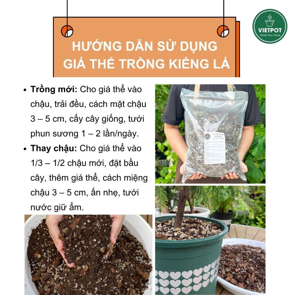  Giá thể trồng kiểng lá VIETPOT, trộn sẵn, chuyên dùng cho cây trong nhà, ngoài trời, Monstera... 