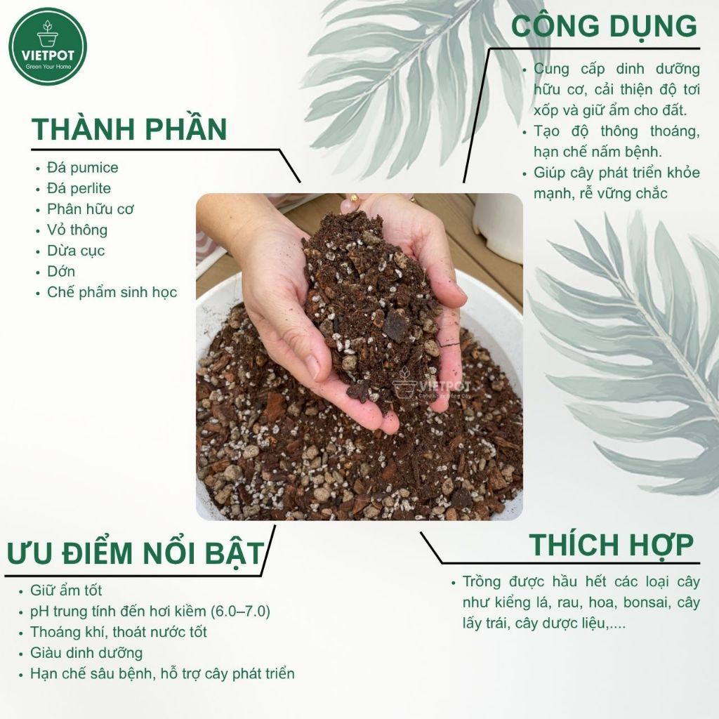  Giá thể trồng kiểng lá VIETPOT, trộn sẵn, chuyên dùng cho cây trong nhà, ngoài trời, Monstera... 
