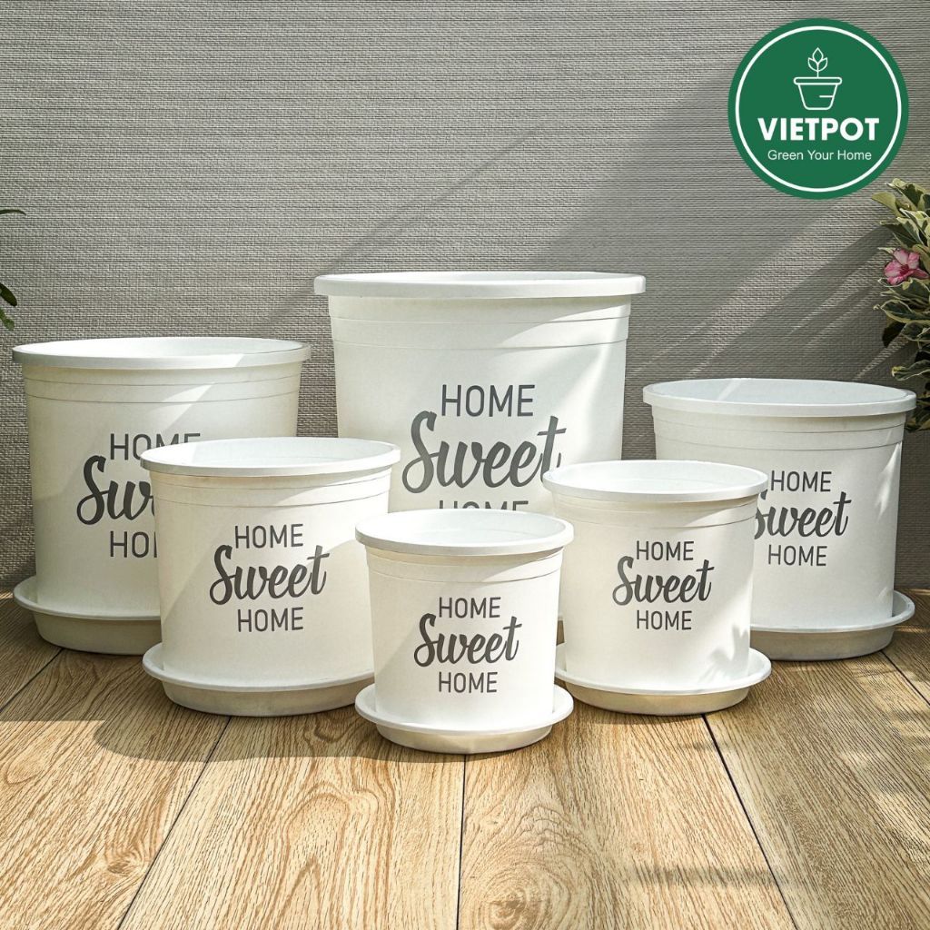  Chậu nhựa trồng cây VIETPOT, màu trắng, hoa văn Sweet Home, trồng hoa kiểng lá, để nhà, sân vườn. 