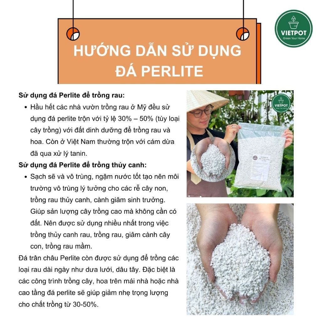 Đá Perlite VIETPOT, bao 5 lít, 400gr, size 3-6mm, hợp chất tự nhiên, trồng rau, thủy canh. 