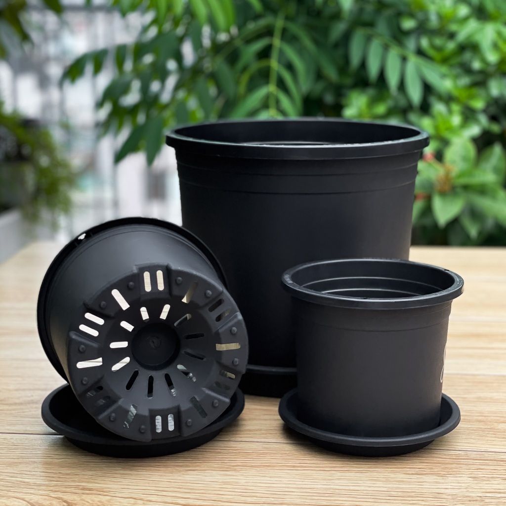  Chậu nhựa trồng cây VIETPOT, màu đen trơn, trồng hoa kiểng, trang trí ban công, sân vườn, sân thượng 