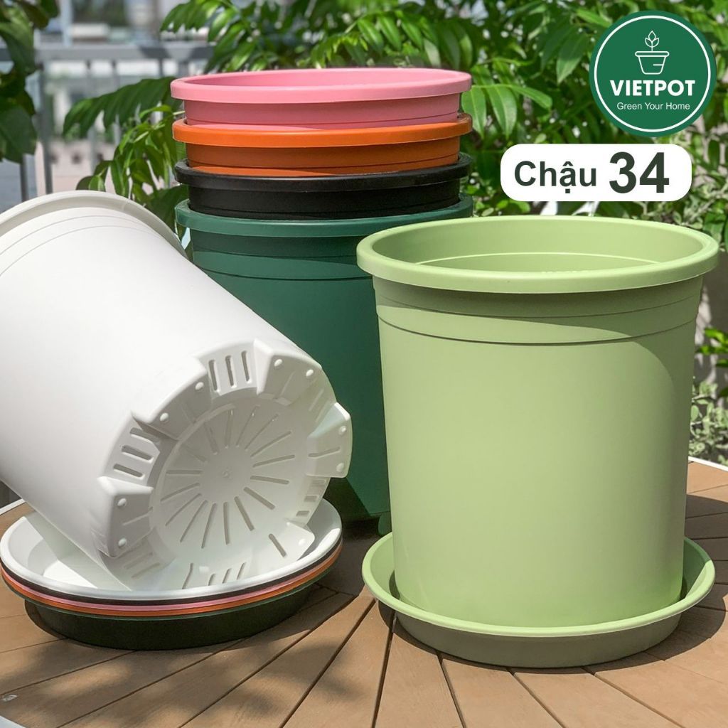  Chậu Nhựa Trồng Cây VIETPOT, size lớn 34x36cm, 6,6gallon, trơn, trang trí bàn, sân vườn, ban công. 
