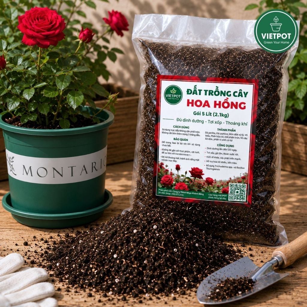  Đất trồng hoa hồng VIETPOT, NAMIX, bao 5 lít, tơi xốp, giữ ẩm tốt, hỗ trợ cây khoẻ ra hoa đẹp. 