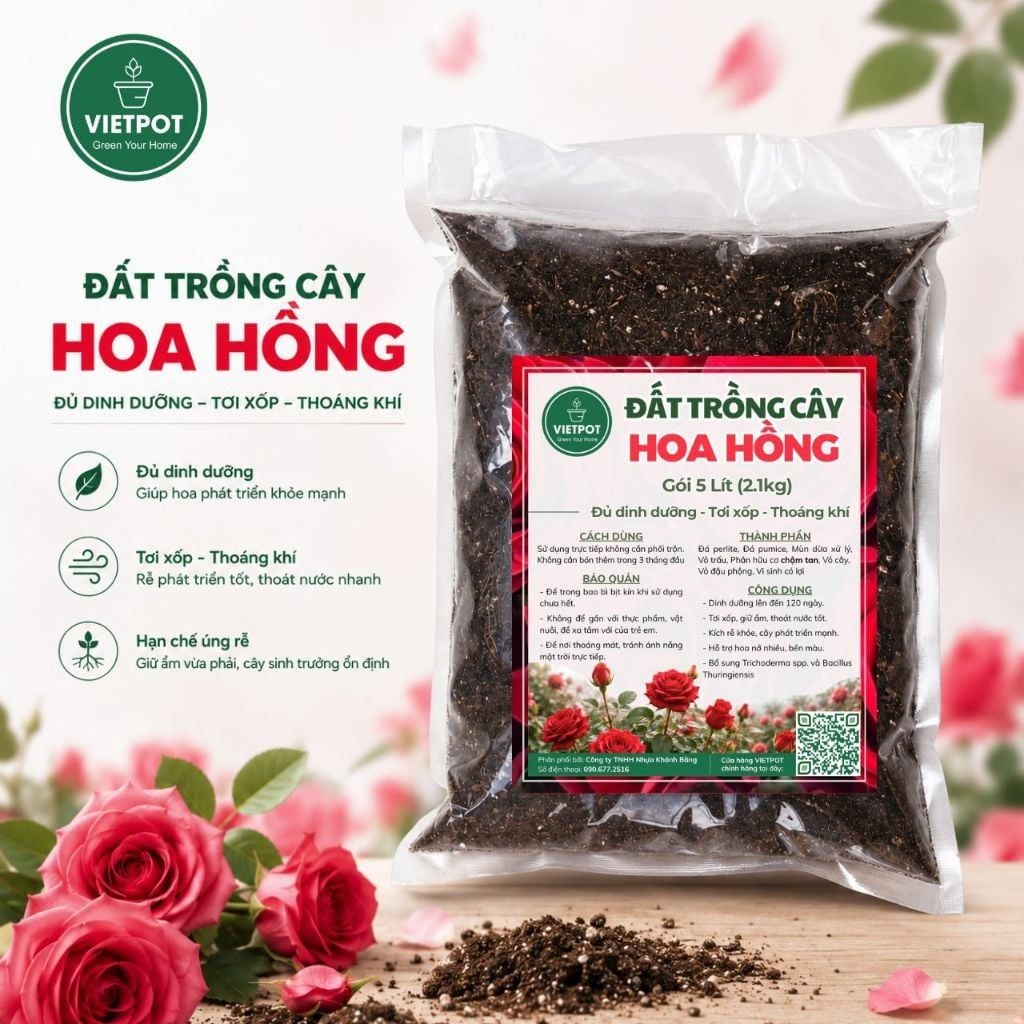  Đất trồng hoa hồng VIETPOT, NAMIX, bao 5 lít, tơi xốp, giữ ẩm tốt, hỗ trợ cây khoẻ ra hoa đẹp. 
