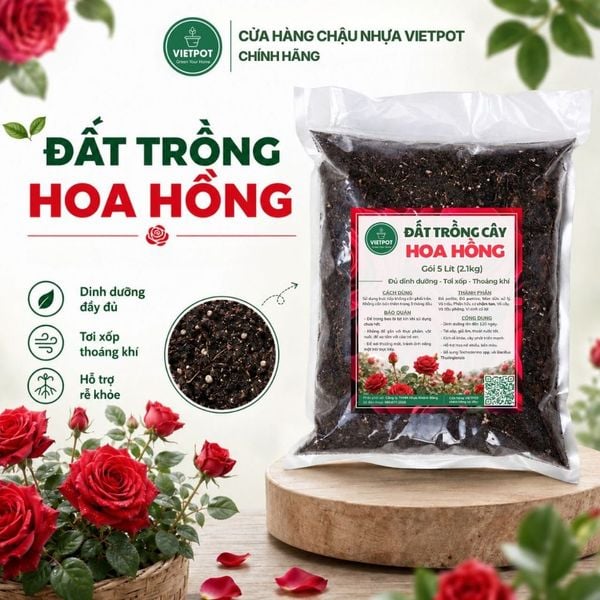  Đất trồng hoa hồng VIETPOT, NAMIX, bao 5 lít, tơi xốp, giữ ẩm tốt, hỗ trợ cây khoẻ ra hoa đẹp. 