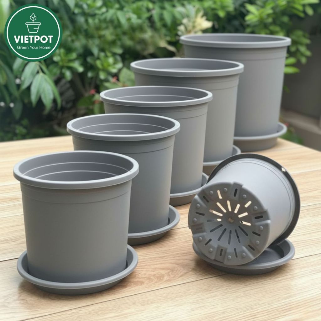  Chậu nhựa trồng cây VIETPOT, màu xám trơn, trồng hoa kiểng, trang trí ban công, sân vườn, sân thượng 