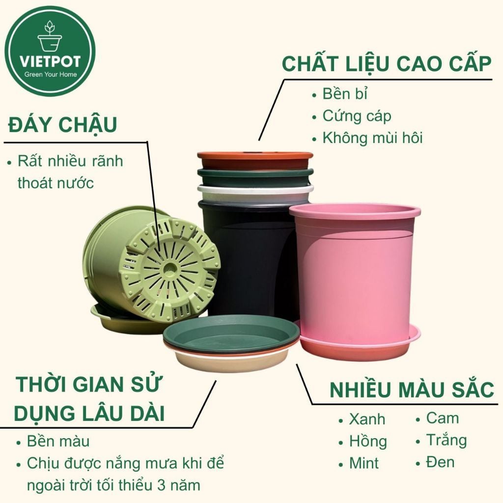  Chậu Nhựa Trồng Cây VIETPOT, size lớn 34x36cm, 6,6gallon, trơn, trang trí bàn, sân vườn, ban công. 