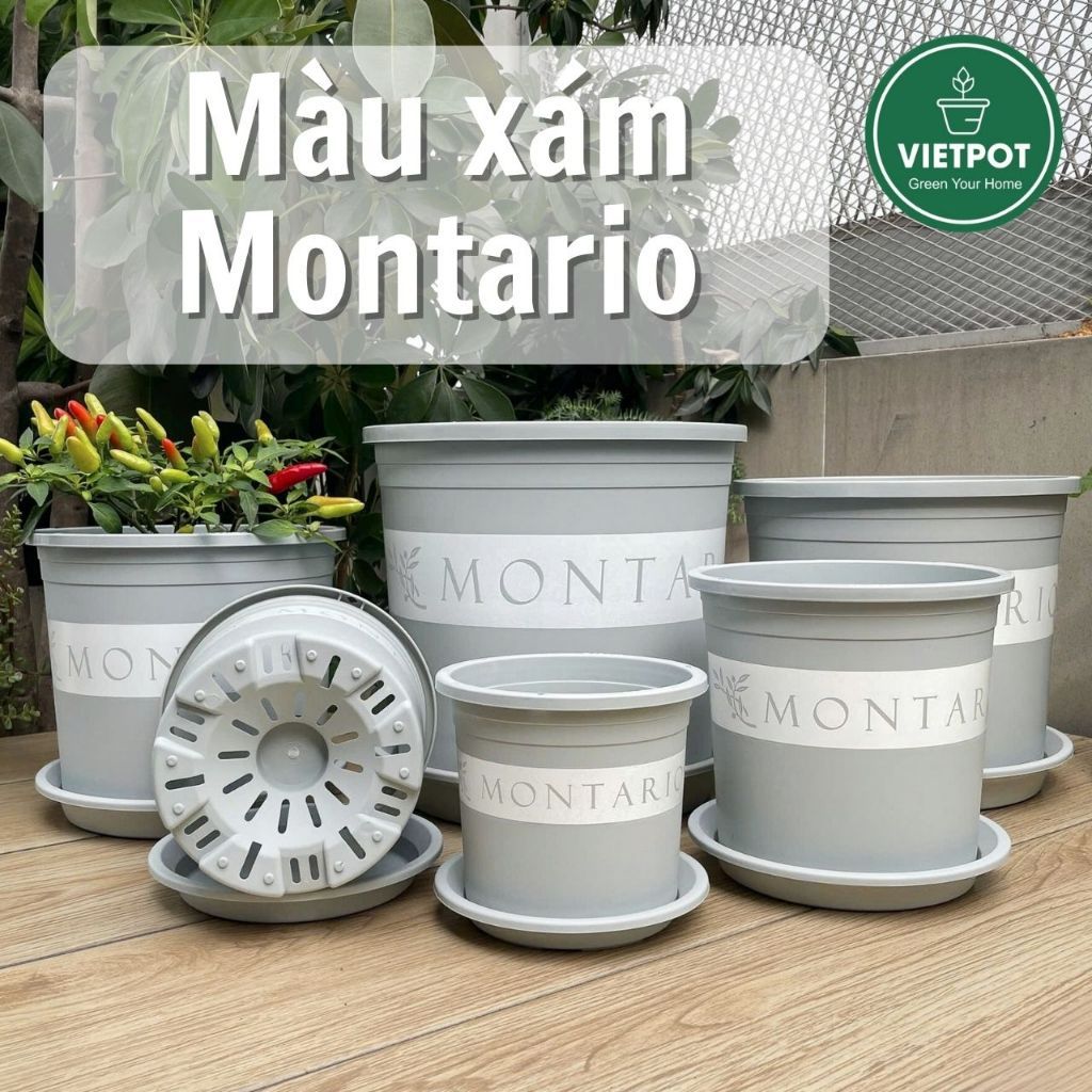  Chậu nhựa trồng cây VIETPOT, màu xám Montario, trồng hoa kiểng, trang trí ban công, sân vườn. 