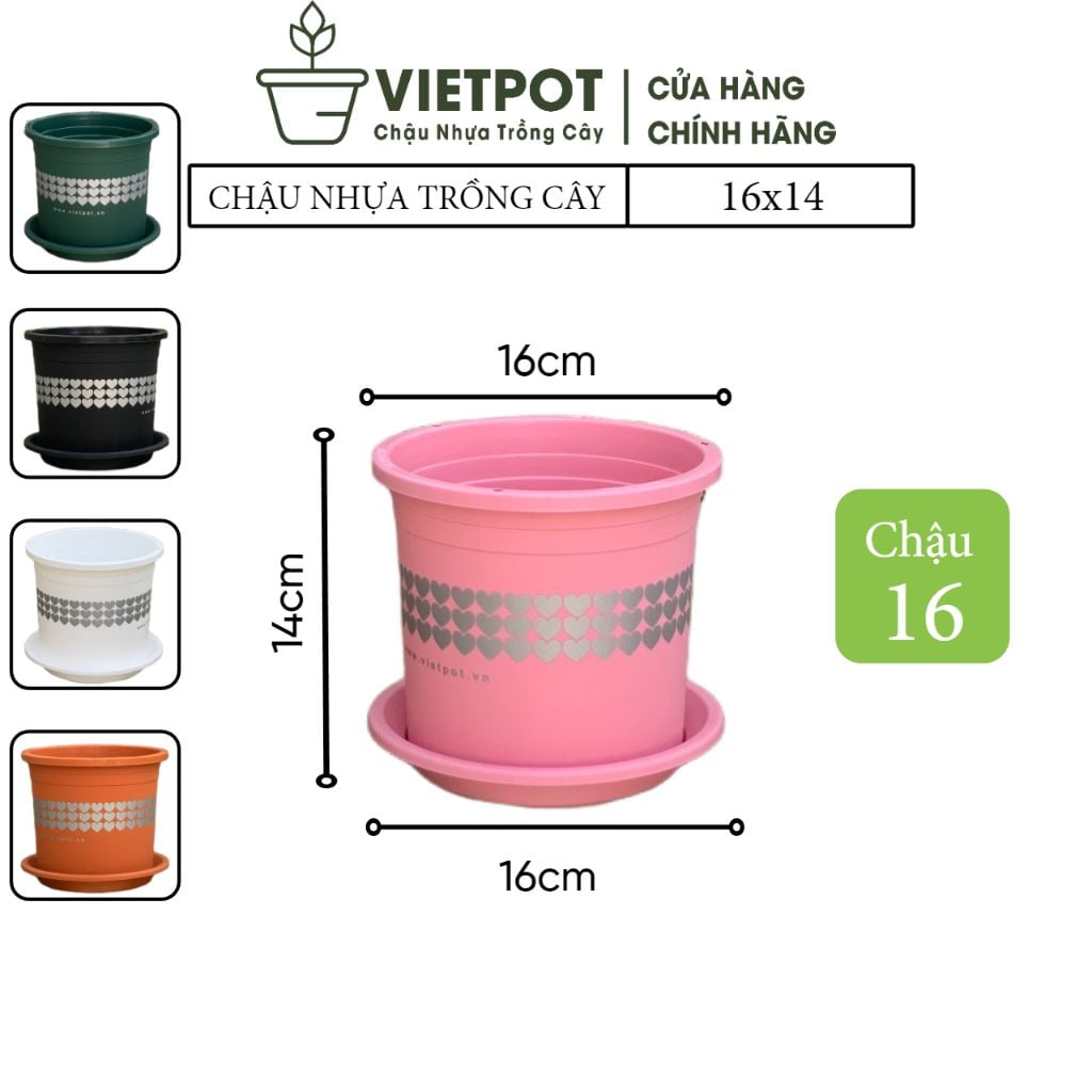  Chậu nhựa trồng cây VIETPOT, size 16x14, hoa văn tim, trồng kiểng lá, hoa hồng, để bàn, vườn. 