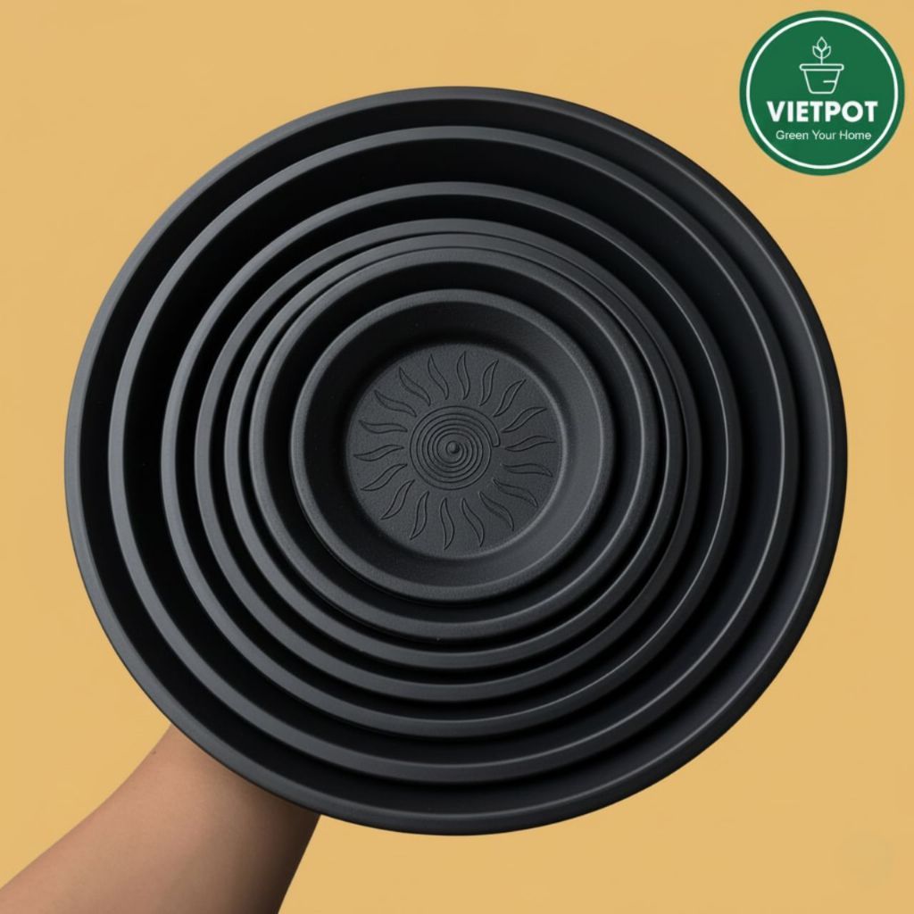  Đĩa nhựa mỏng nhẹ lót chậu cây VIETPOT, màu đen, cây cảnh, trang trí nhà vườn, ban công 