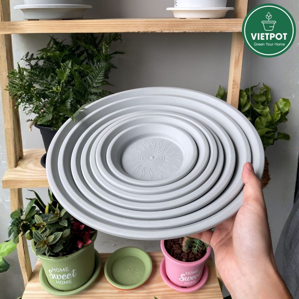  Đĩa nhựa mỏng nhẹ lót chậu cây VIETPOT, màu xám, cây cảnh, trang trí nhà vườn, ban công 