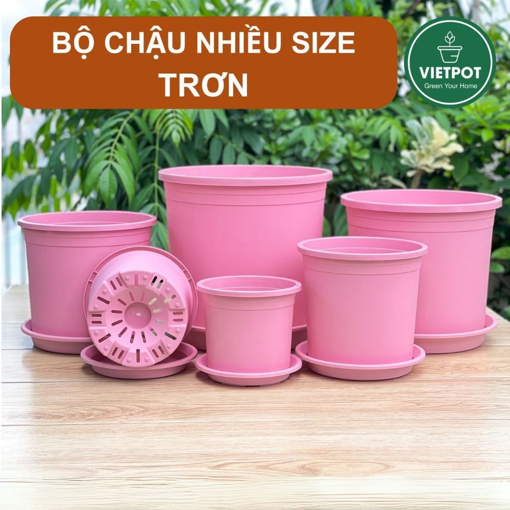  Chậu nhựa trồng cây VIETPOT, màu hồng trơn, trồng kiểng lá, hoa hồng, trang trí ban công, sân vườn. 