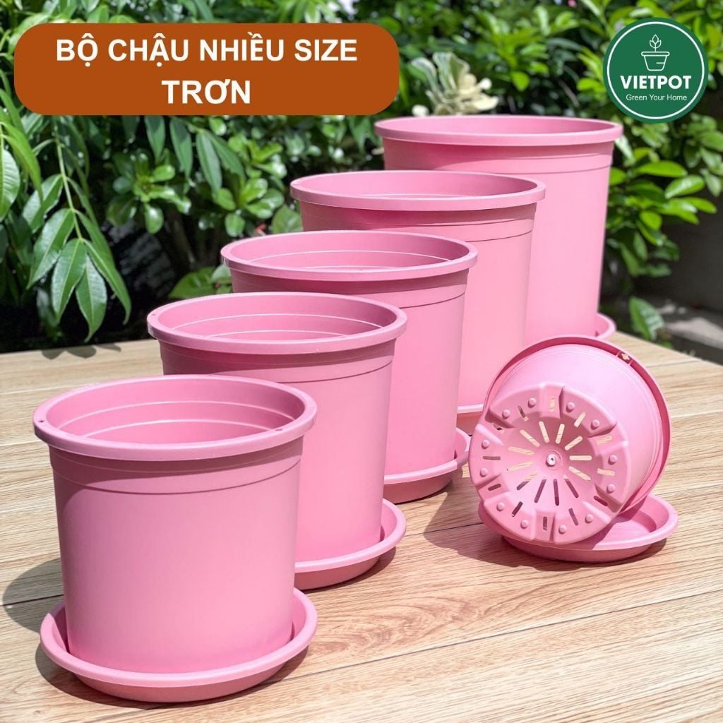  Chậu nhựa trồng cây VIETPOT, màu hồng trơn, trồng kiểng lá, hoa hồng, trang trí ban công, sân vườn. 