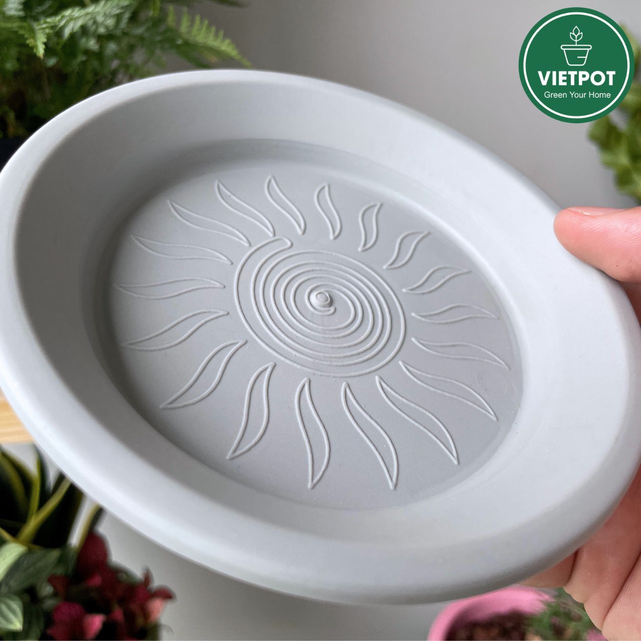  Đĩa nhựa mỏng nhẹ lót chậu cây VIETPOT, màu xám, cây cảnh, trang trí nhà vườn, ban công 