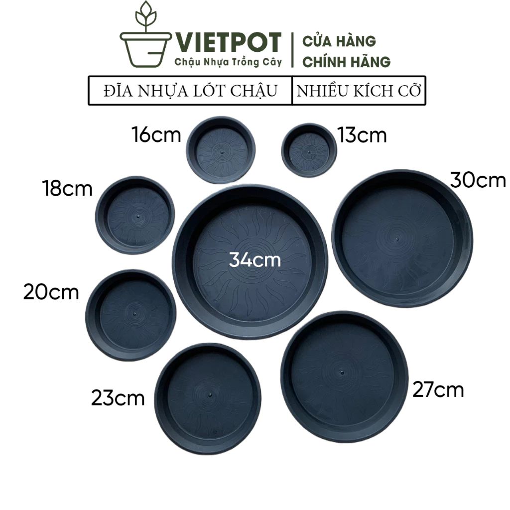  Đĩa nhựa mỏng nhẹ lót chậu cây VIETPOT, màu đen, cây cảnh, trang trí nhà vườn, ban công 