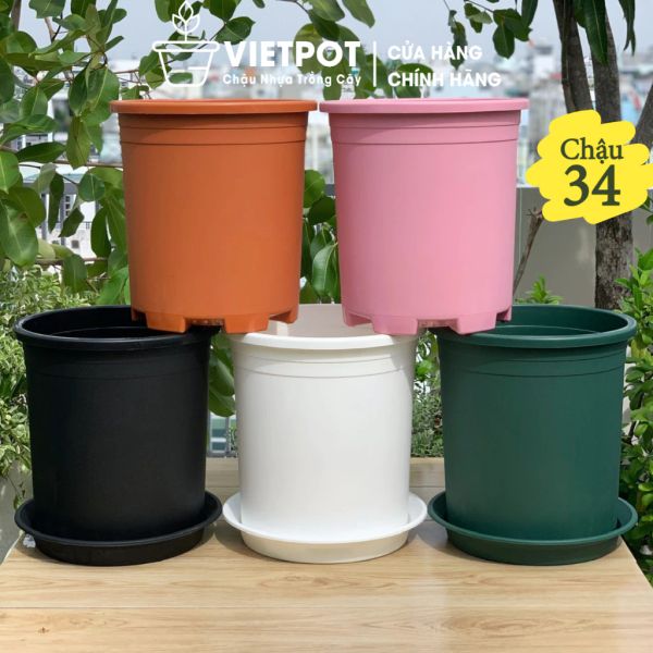  Chậu Nhựa Trồng Cây VIETPOT, size lớn 34x36cm, 6,6gallon, trơn, trang trí bàn, sân vườn, ban công. 