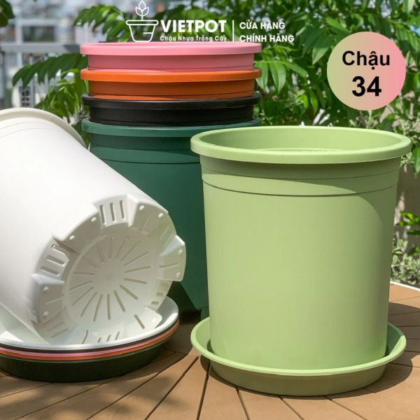  Chậu Nhựa Trồng Cây VIETPOT, size lớn 34x36cm, 6,6gallon, trơn, trang trí bàn, sân vườn, ban công. 