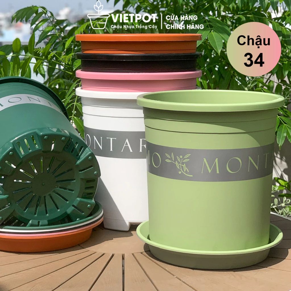  Chậu Nhựa Trồng Cây VIETPOT, size lớn 34x36cm MONTARIO, 6,6gallon, trang trí bàn, sân vườn, ban công 