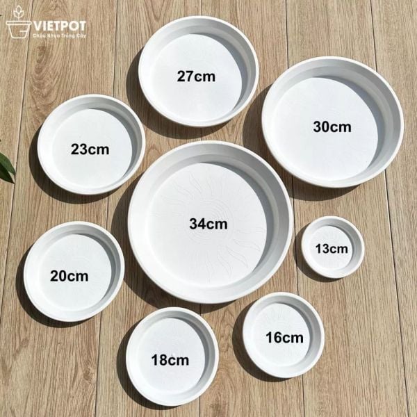  Đĩa nhựa mỏng nhẹ lót chậu cây VIETPOT, màu trắng, cây cảnh, trang trí nhà vườn, ban công 
