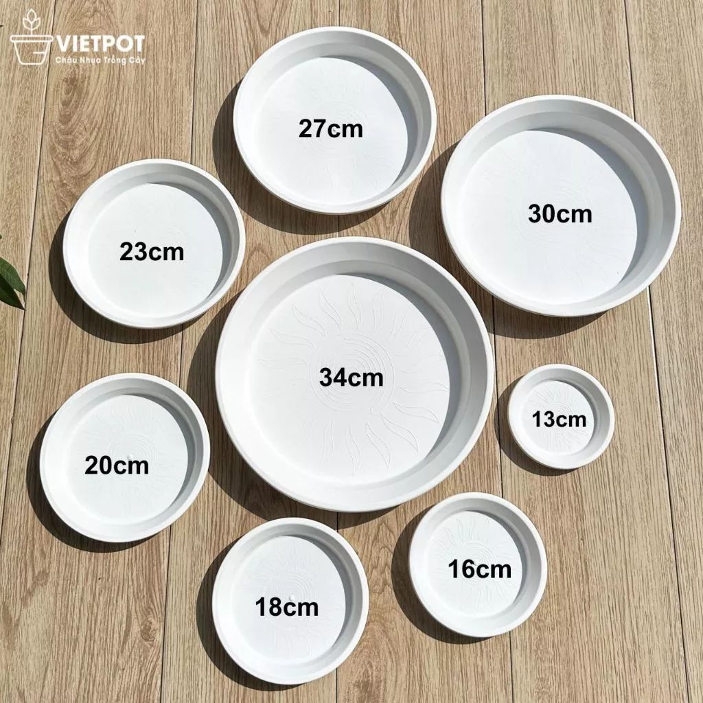  Đĩa nhựa mỏng nhẹ lót chậu cây VIETPOT, màu trắng, cây cảnh, trang trí nhà vườn, ban công 