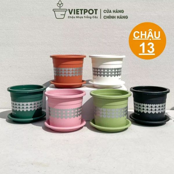  Chậu nhựa trồng cây VIETPOT, size nhỏ 13x11cm, hoa văn Tim, trồng hoa kiểng, để bàn, sân vườn 