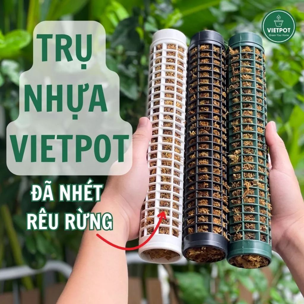  Trụ nhựa đã nhét rêu rừng VIETPOT, 29cm, vừa khớp gắn trụ chậu nhựa VIETPOT, trụ có thể gắn nối dài. 