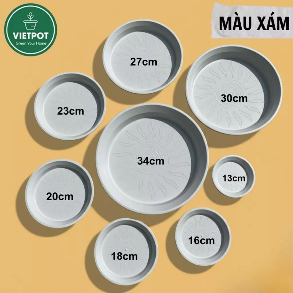  Đĩa nhựa mỏng nhẹ lót chậu cây VIETPOT, màu xám, cây cảnh, trang trí nhà vườn, ban công 