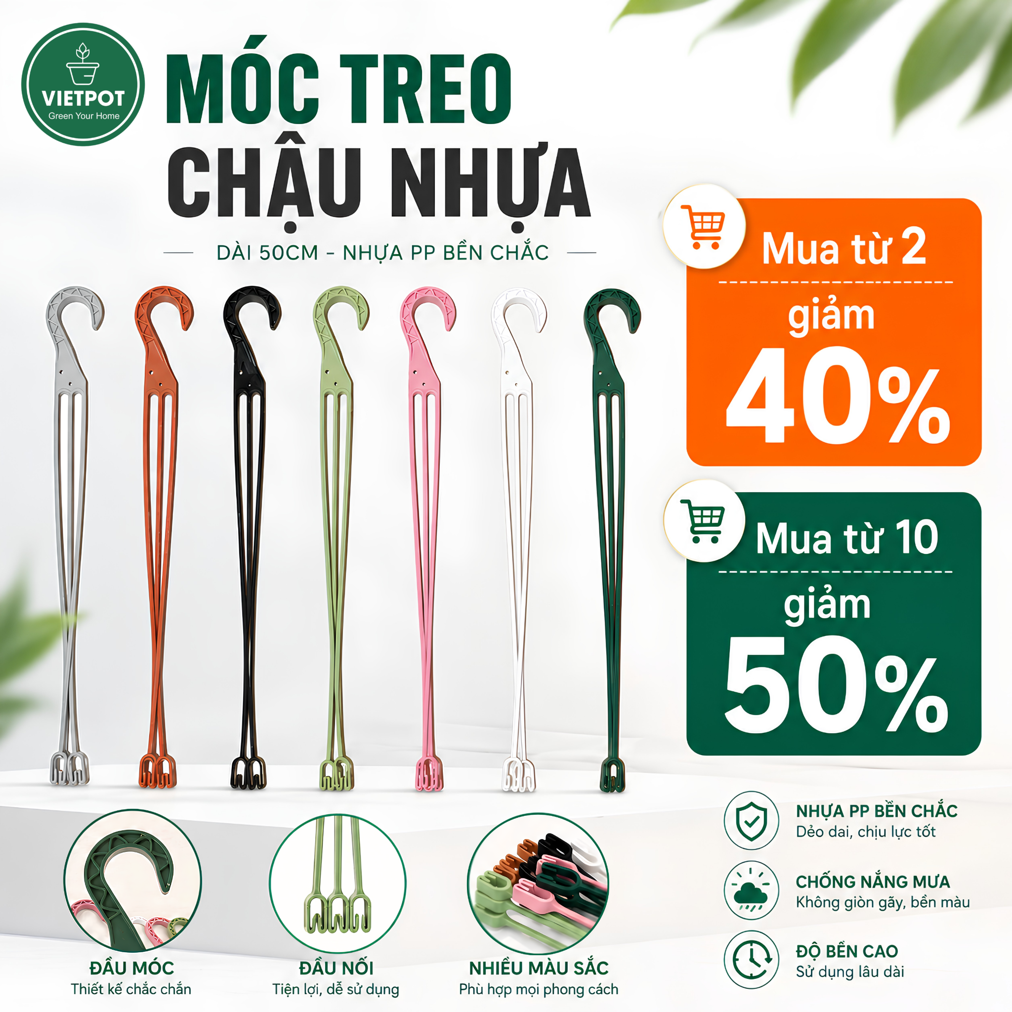  Móc treo chậu nhựa VIETPOT, dài 50cm, treo nhiều loại chậu có vành, lắp ráp dễ dàng, bền bỉ 