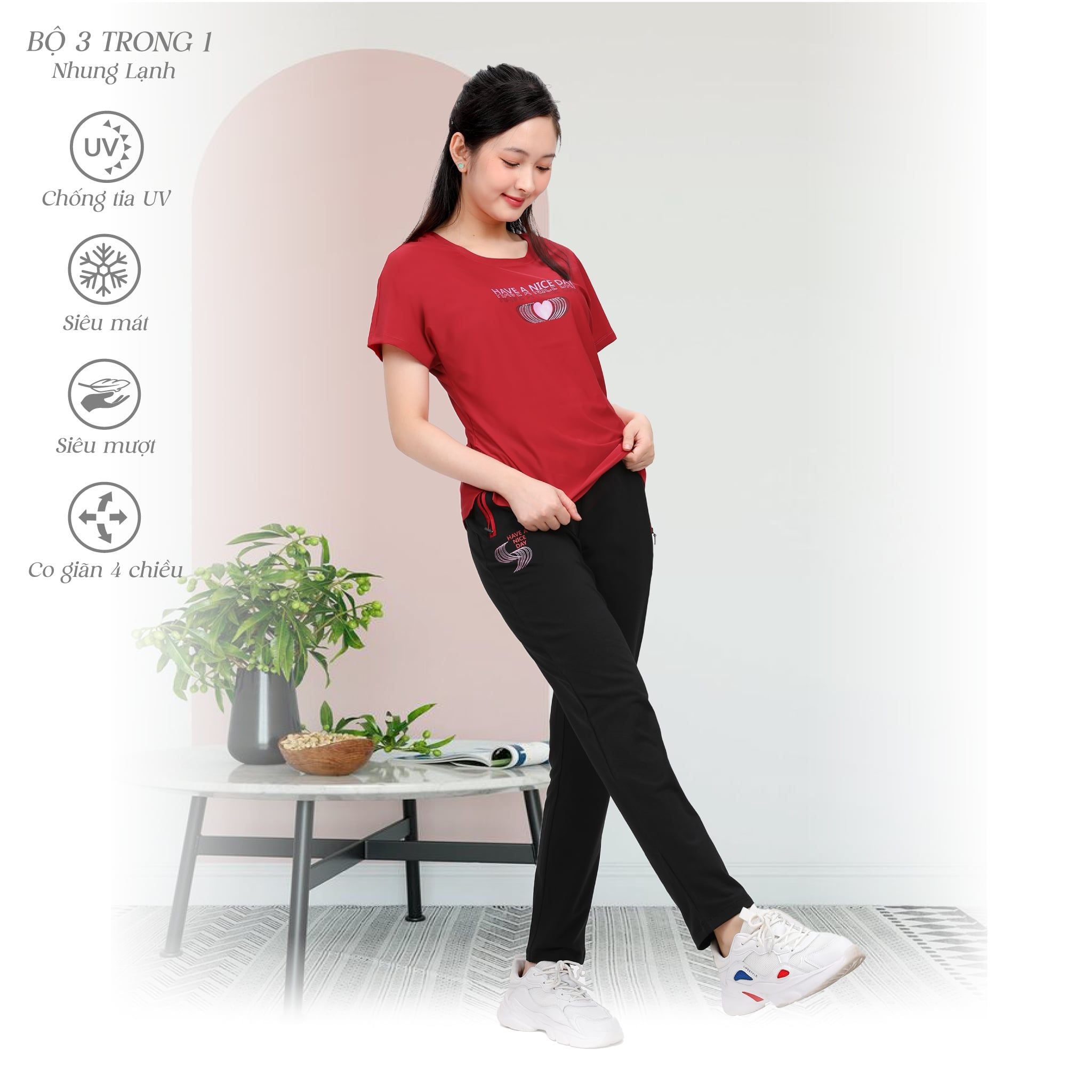 Set đồ bộ nữ kiểu quần dài tay ngắn thể thao 3 trong 1 chất nhung lạnh 153p 6006
