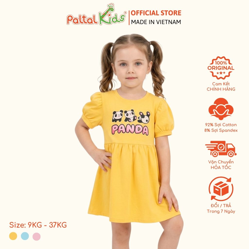 Đầm Babydoll Tay Phồng Cotton Mỹ Hình In Gấu Panda Bé Gái Cao Cấp - 02C 8034